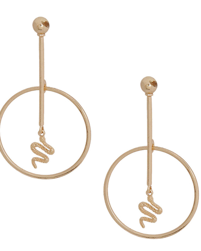 Gold Bar Round Snake Charm Earrings