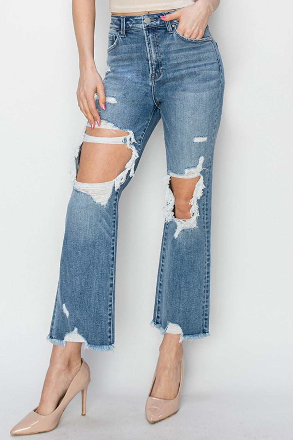 High Rise Distressed Crop Straight Jeans