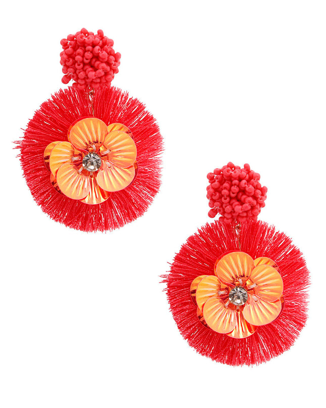 Coral Sequin Flower Tassel Earrings