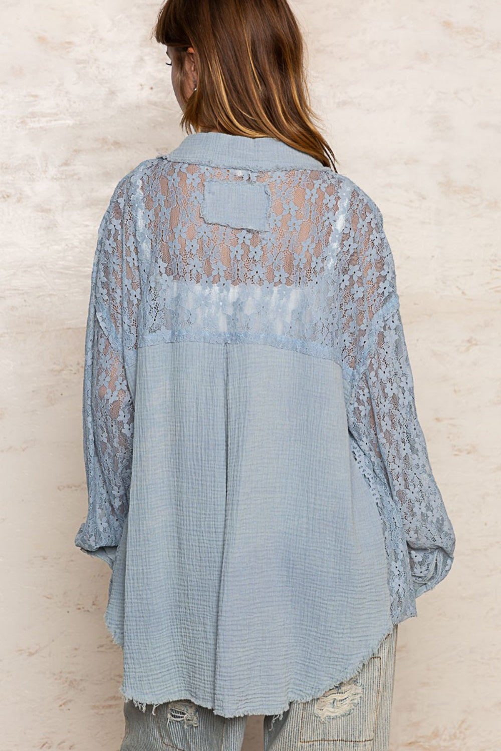 Oversize Pocket Front Lace Button-Down Shirt