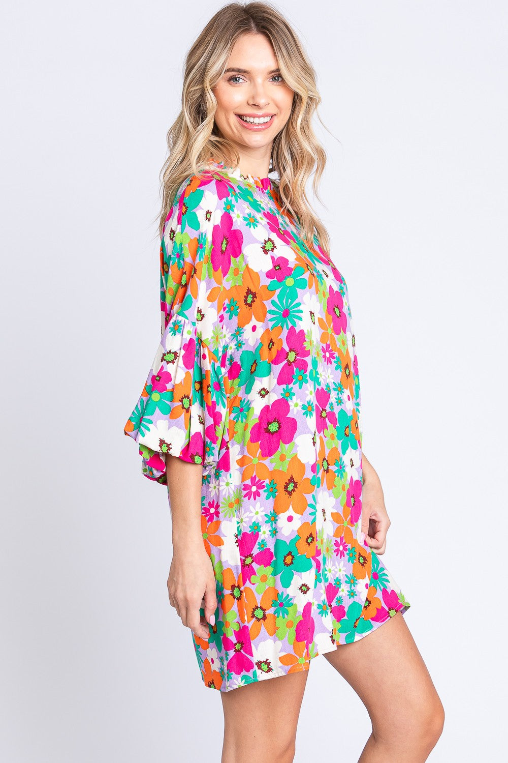 Full Size Floral Round Neck Lantern Sleeve Mini Dress