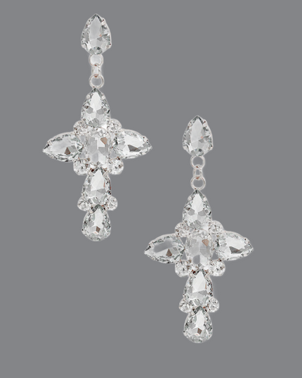 Silver Teardrop Crystal Cross Earrings
