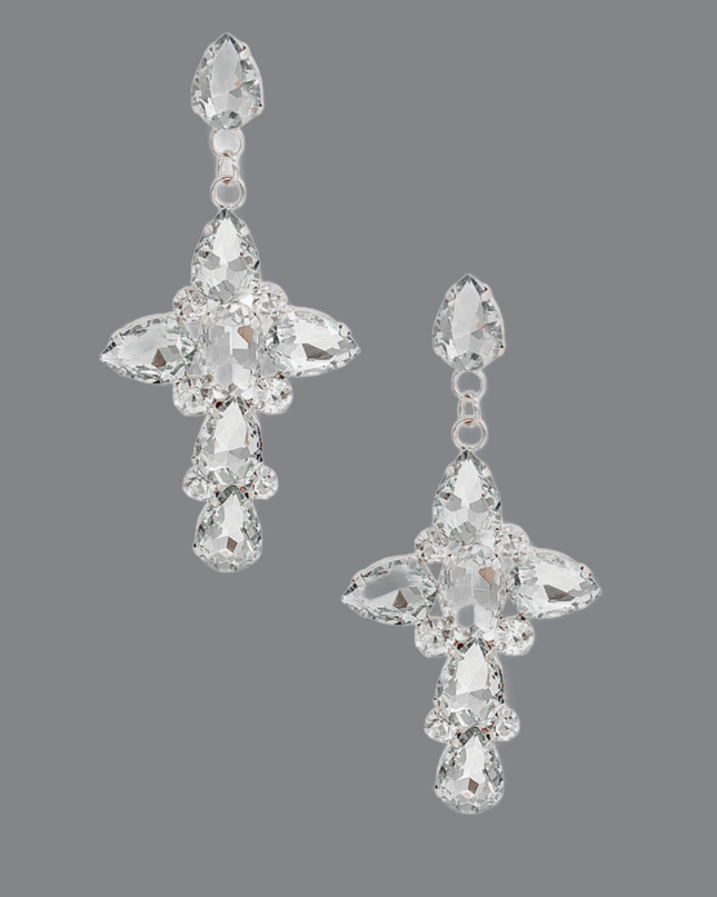 Silver Teardrop Crystal Cross Earrings