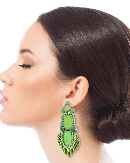 Green Bead and Stone Embroidered Earrings