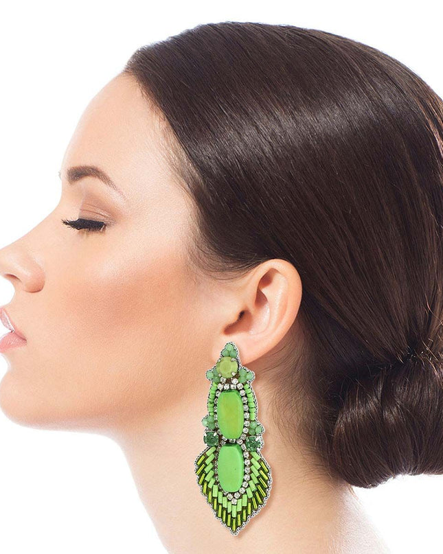 Green Bead and Stone Embroidered Earrings