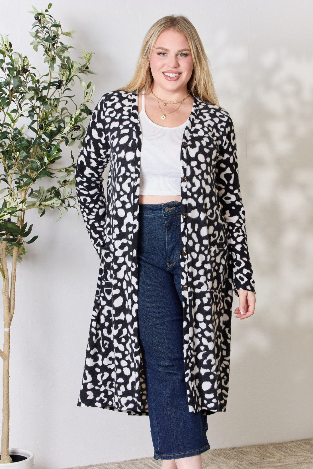 Full Size Animal Print Button Up Long Sleeve Cardigan