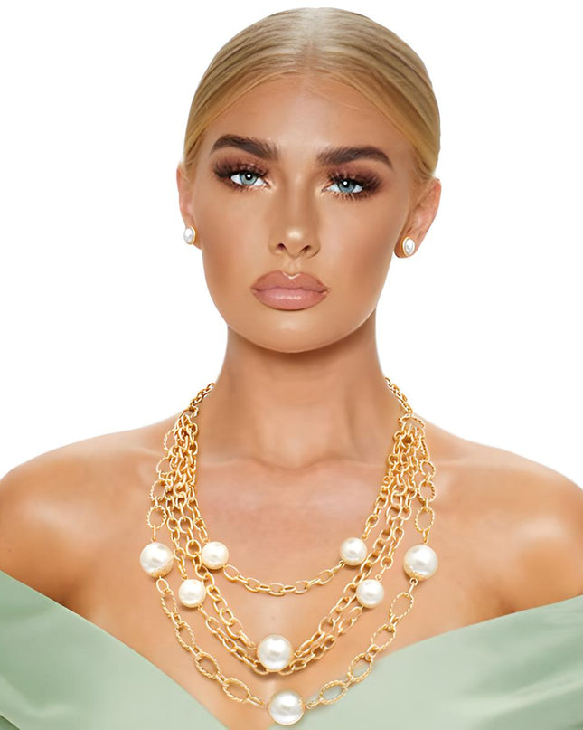 Cream Pearl 4 Layer Chain Link Necklace
