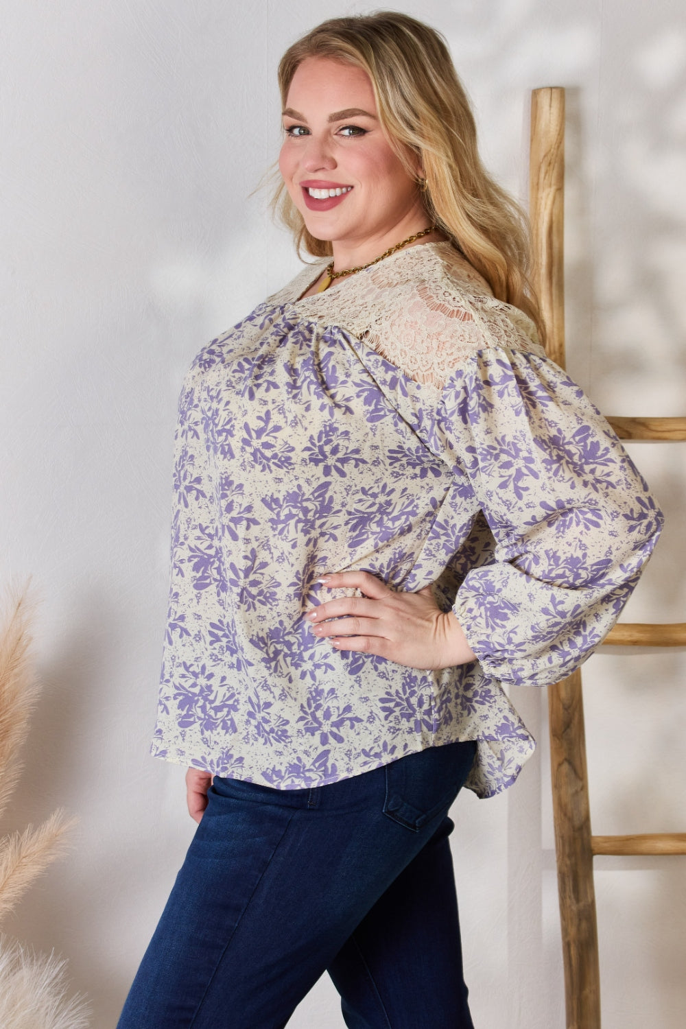 Full Size Lace Detail Printed Blouse