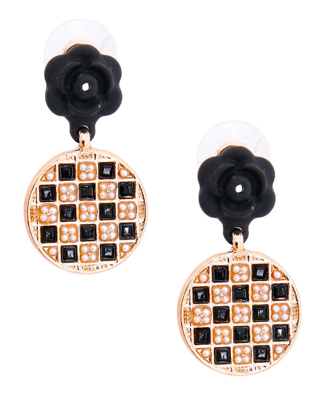 Black Flower Checkerboard Earrings