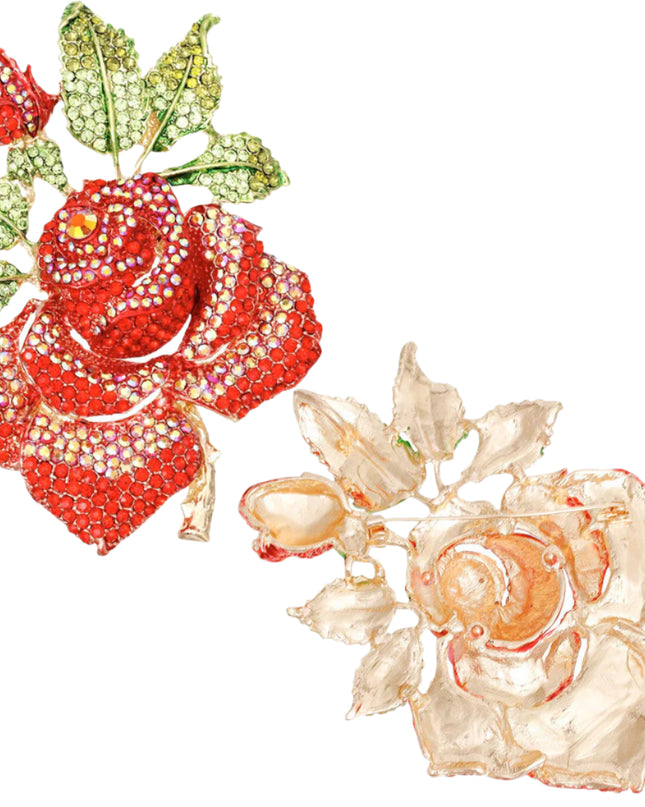 Women's Brooch Pin XLarge Gold Metal Blooming Rose and Leaf Shaped Brooch Featuring Red and Aurora Borealis Rhinestones with Green Leaf Stone Details. Safety Pin C Clasp Closure. Heavy.