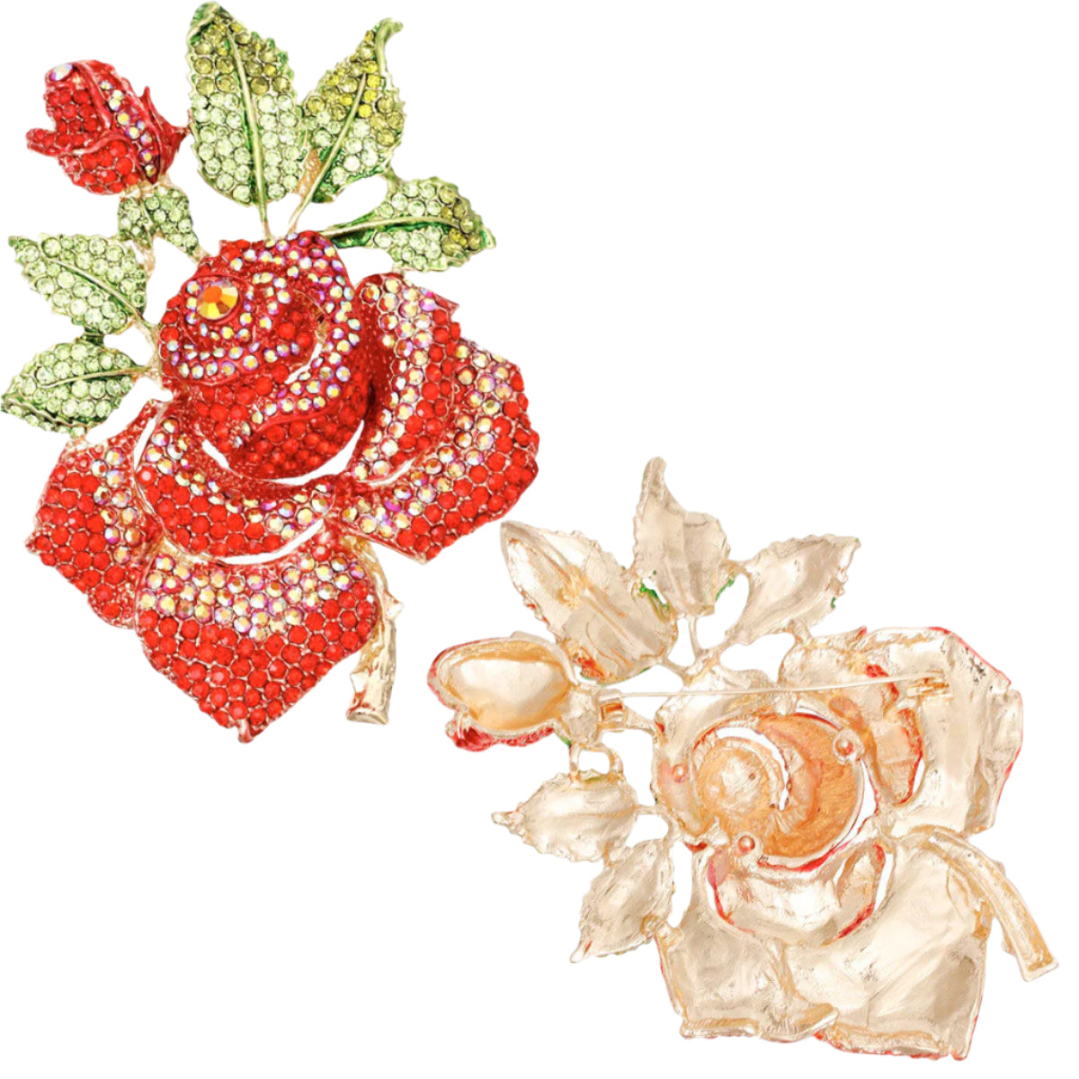 Women's Brooch Pin XLarge Gold Metal Blooming Rose and Leaf Shaped Brooch Featuring Red and Aurora Borealis Rhinestones with Green Leaf Stone Details. Safety Pin C Clasp Closure. Heavy.