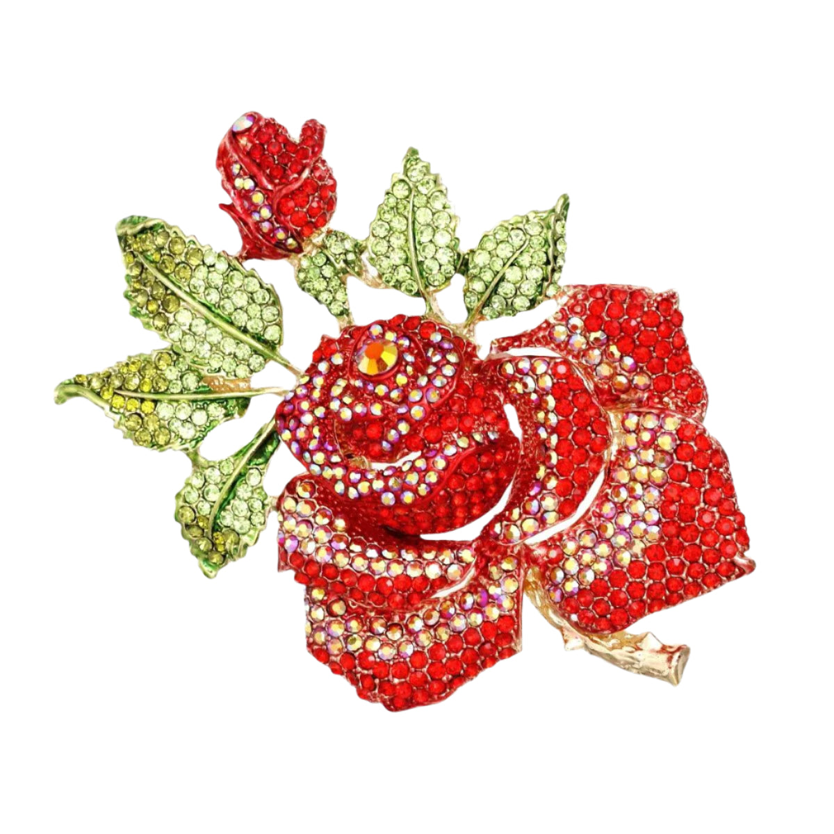 Women's Brooch Pin XLarge Gold Metal Blooming Rose and Leaf Shaped Brooch Featuring Red and Aurora Borealis Rhinestones with Green Leaf Stone Details. Safety Pin C Clasp Closure. Heavy.