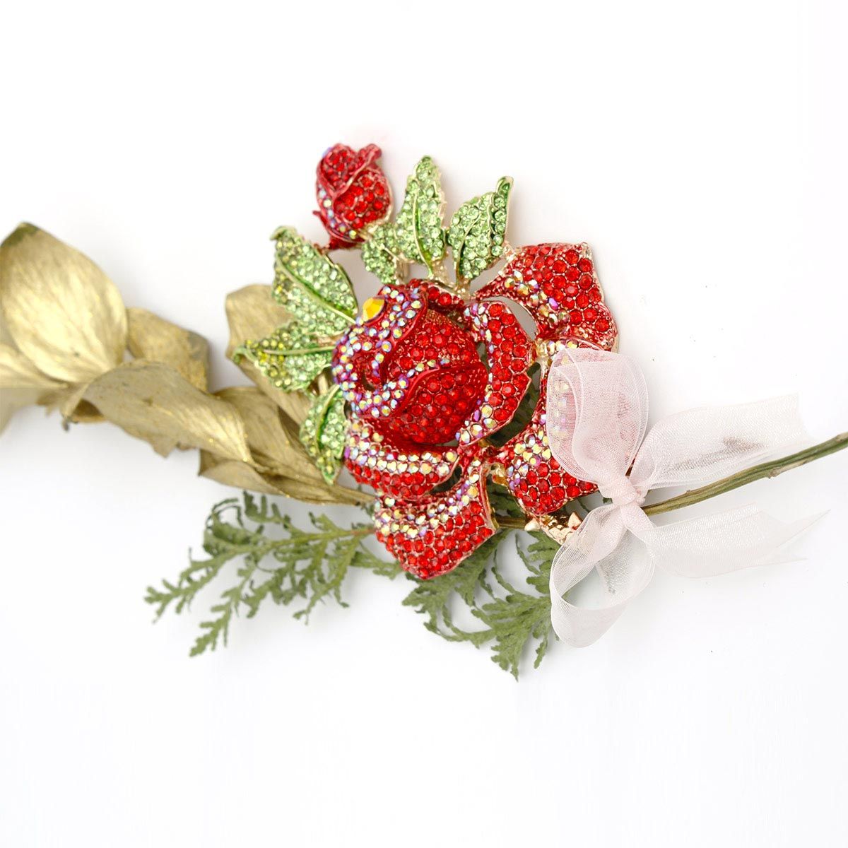 Women's Brooch Pin XLarge Gold Metal Blooming Rose and Leaf Shaped Brooch Featuring Red and Aurora Borealis Rhinestones with Green Leaf Stone Details. Safety Pin C Clasp Closure. Heavy.