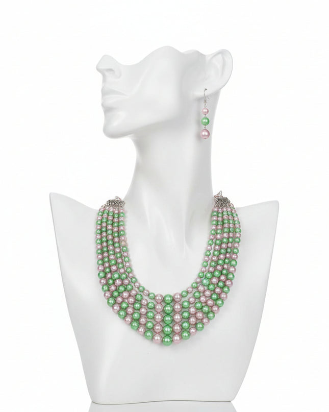AKA Alternating Pink Green Pearl 5 Strand Necklace