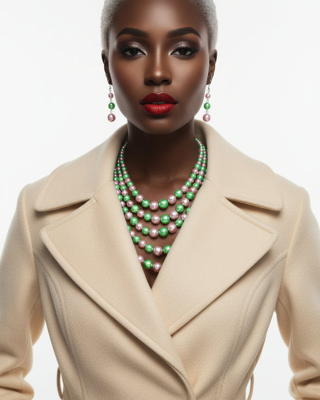 AKA Alternating Pink Green Pearl 5 Strand Necklace