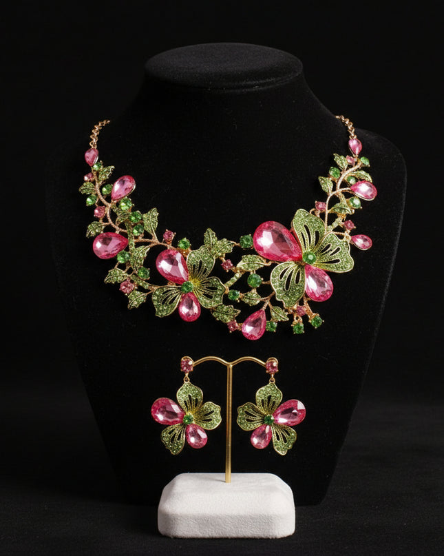 AKA Pink Green Glass Crystal Leaf Collar Necklace for Women