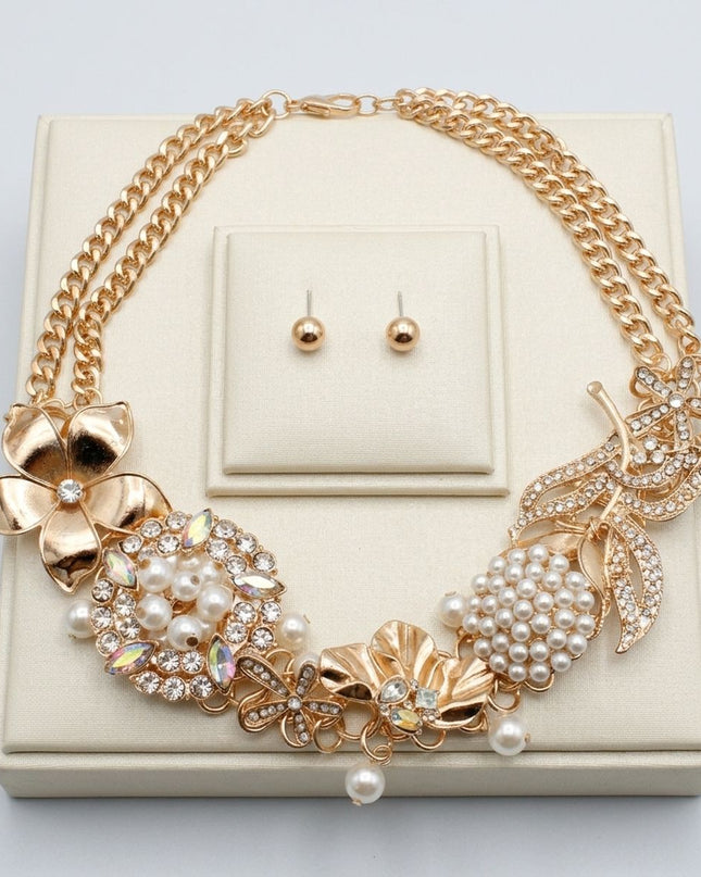 Aurbo Crystal Pearl Gold Chainmaille Collar Set