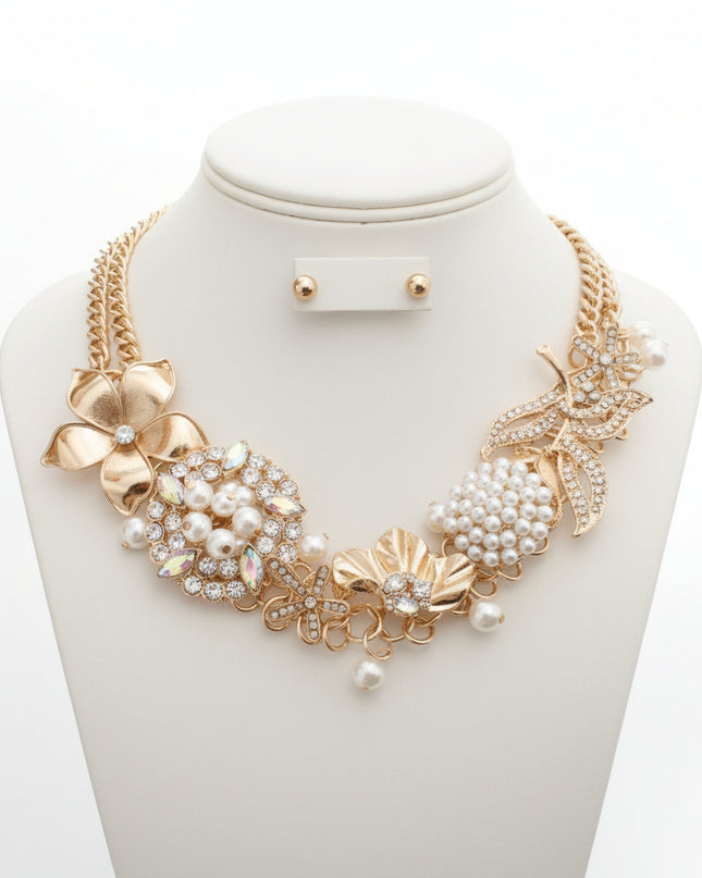 Aurbo Crystal Pearl Gold Chainmaille Collar Set