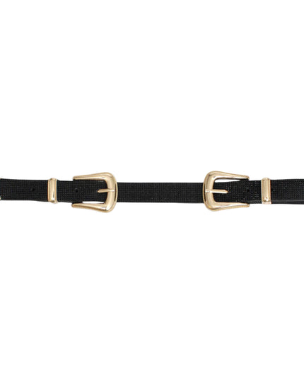 Women's Belt Black Vegan Leather and Gold Metal Double Buckle Western Style Belt Featuring Black Rhinestone Detailing. Belt measures 40" long and 1" wide. Both Buckles adjustable.