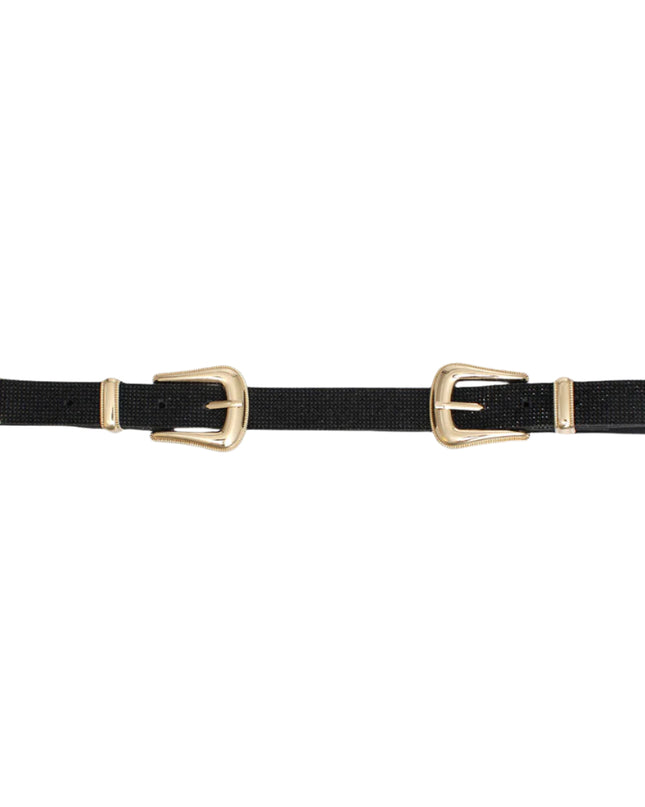 Women's Belt Black Vegan Leather and Gold Metal Double Buckle Western Style Belt Featuring Black Rhinestone Detailing. Belt measures 40" long and 1" wide. Both Buckles adjustable.