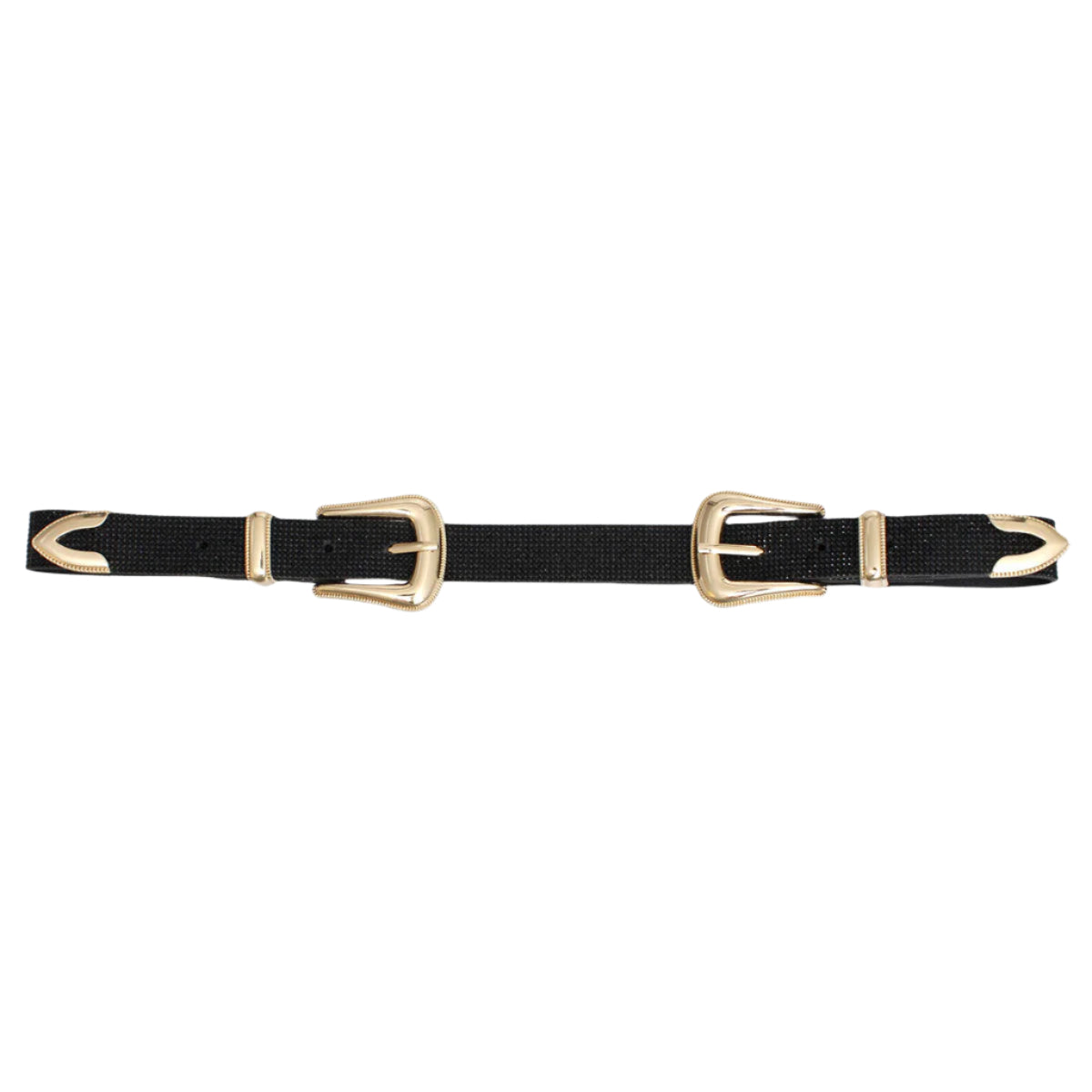 Women's Belt Black Vegan Leather and Gold Metal Double Buckle Western Style Belt Featuring Black Rhinestone Detailing. Belt measures 40" long and 1" wide. Both Buckles adjustable.