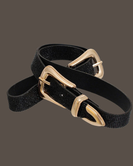 Women's Belt Black Vegan Leather and Gold Metal Double Buckle Western Style Belt Featuring Black Rhinestone Detailing. Belt measures 40" long and 1" wide. Both Buckles adjustable.