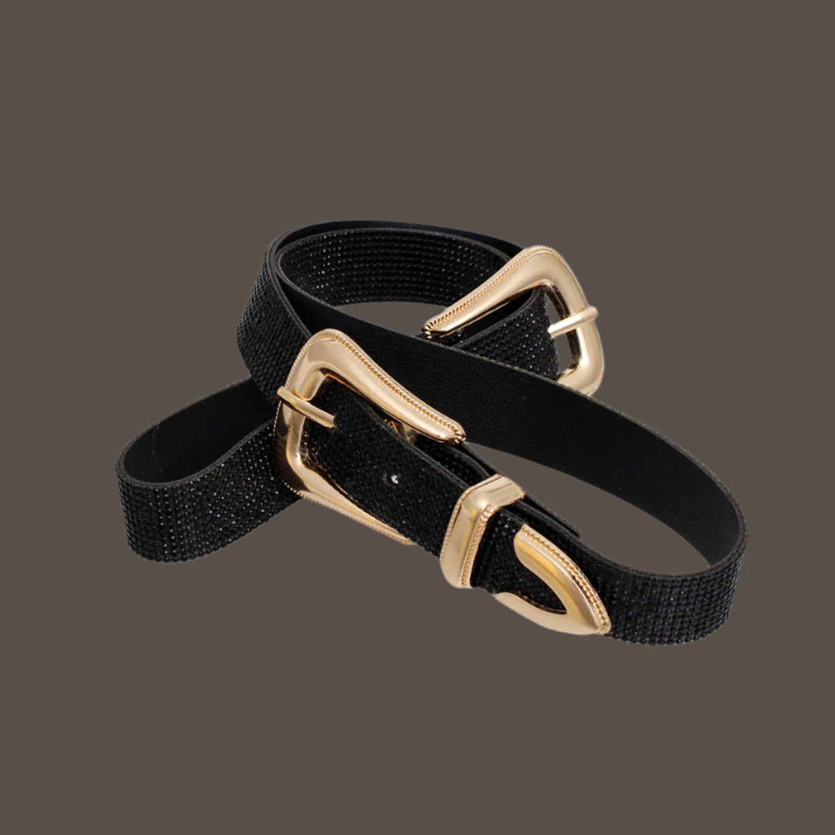 Women's Belt Black Vegan Leather and Gold Metal Double Buckle Western Style Belt Featuring Black Rhinestone Detailing. Belt measures 40" long and 1" wide. Both Buckles adjustable.