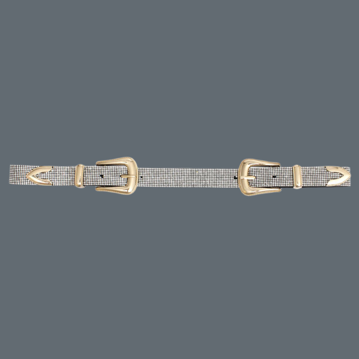 Women's Belt Black Vegan Leather and Gold Metal Double Buckle Western Style Belt Featuring Clear Rhinestone Detailing. Belt measures 40" long and 1" wide. Both Buckles adjustable. 