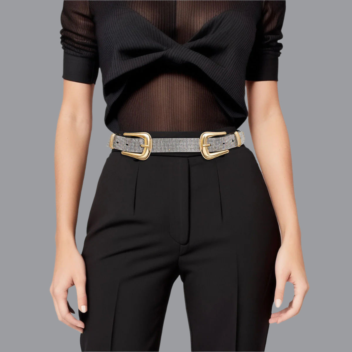 Women's Belt Black Vegan Leather and Gold Metal Double Buckle Western Style Belt Featuring Clear Rhinestone Detailing. Belt measures 40" long and 1" wide. Both Buckles adjustable. 
