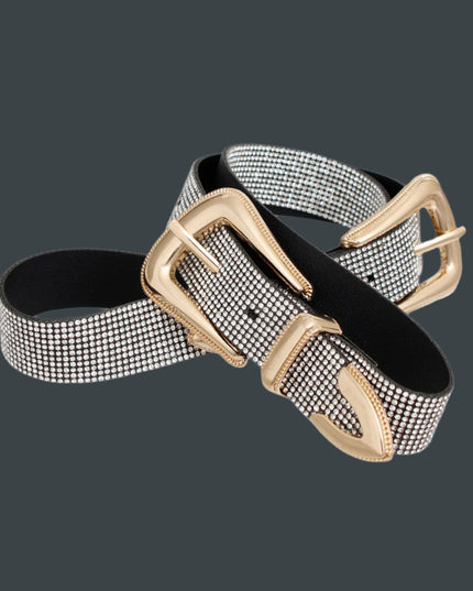 Women's Belt Black Vegan Leather and Gold Metal Double Buckle Western Style Belt Featuring Clear Rhinestone Detailing. Belt measures 40" long and 1" wide. Both Buckles adjustable. 