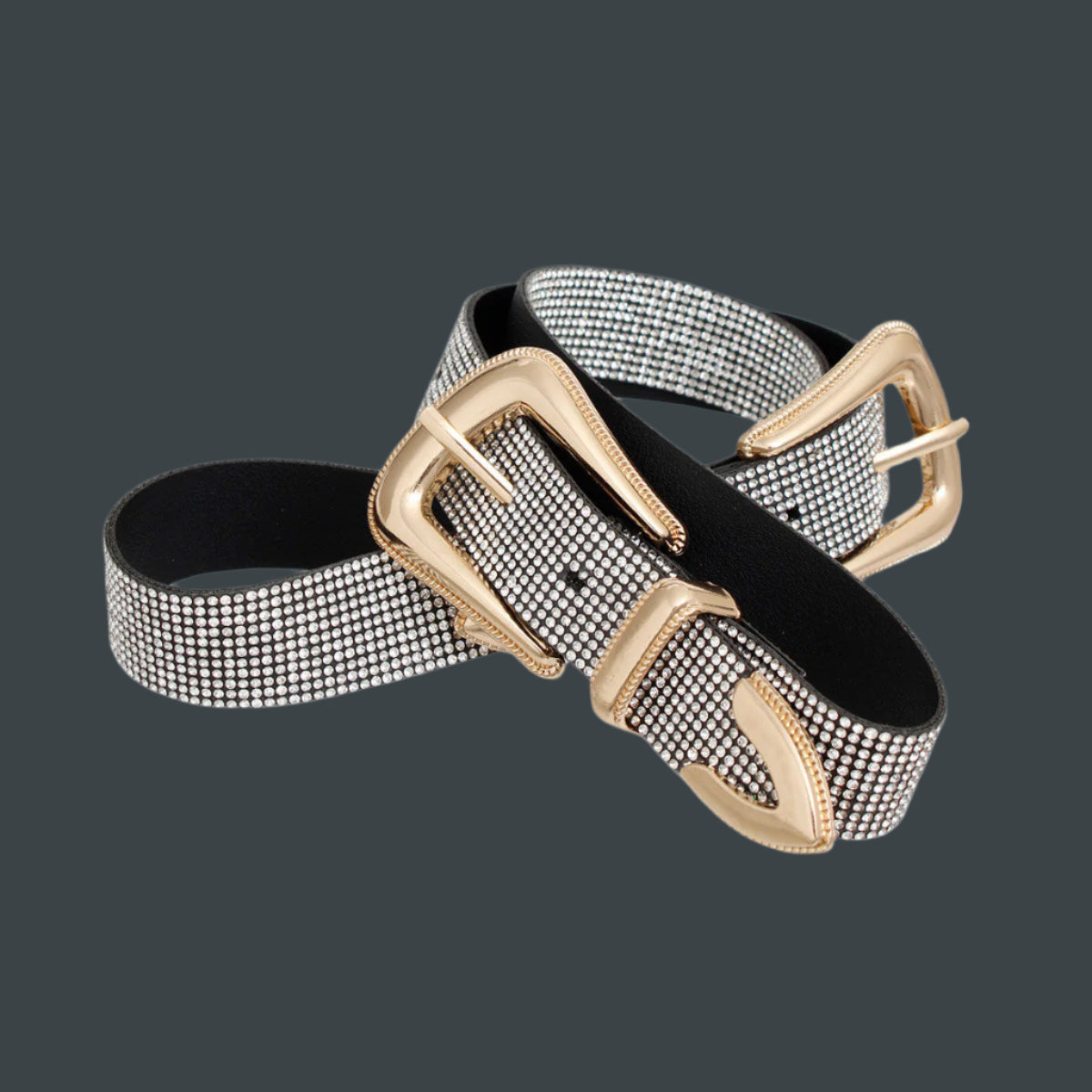 Women's Belt Black Vegan Leather and Gold Metal Double Buckle Western Style Belt Featuring Clear Rhinestone Detailing. Belt measures 40" long and 1" wide. Both Buckles adjustable. 