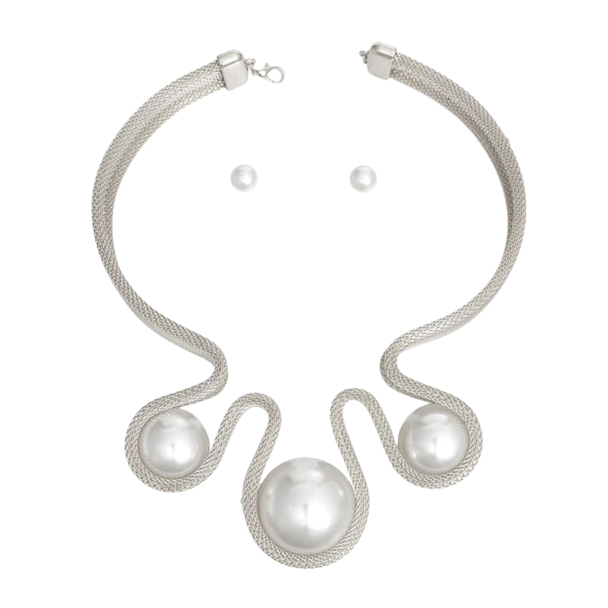 Women's Bib Necklace Set Bold Statement Rigid Chunky Silver Metal Mesh Chain Necklace Featuring Triple Teardrop Shaped White Pearl Bib Detail. Bib measures 3.25" x 5.5". Rigid Mesh Chain measures .85" wide. Lobster Clasp Closure. Includes Matching Pearl Ball Stud Post Backing Earrings.