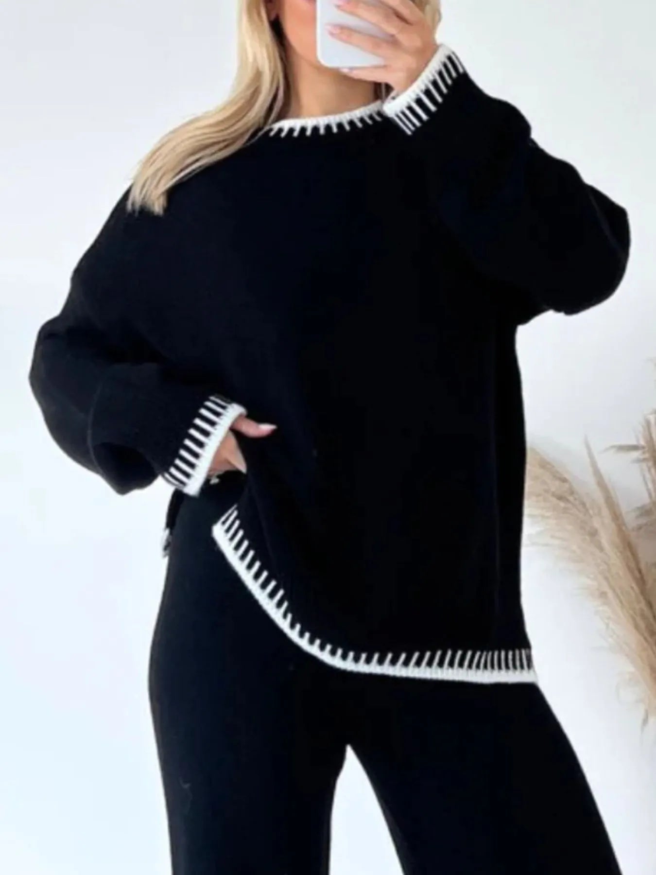 Black & White Trim  Sweater with a matching wide leg pants