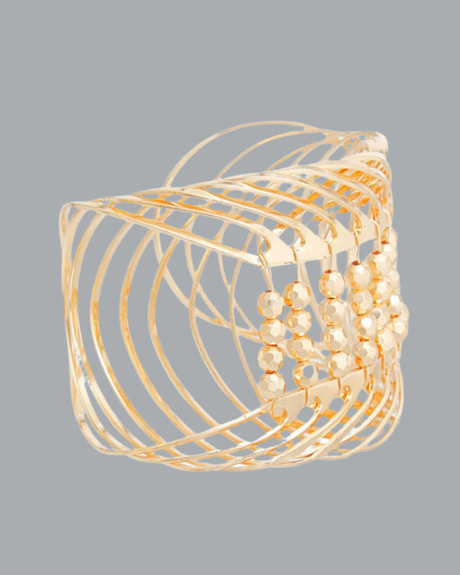 Women's Cuff Bracelet Rigid Gold Metal Rounded Design Cuff Featuring Gold Bead Detailing. Adjustable. Cuff measures 2.65" wide.