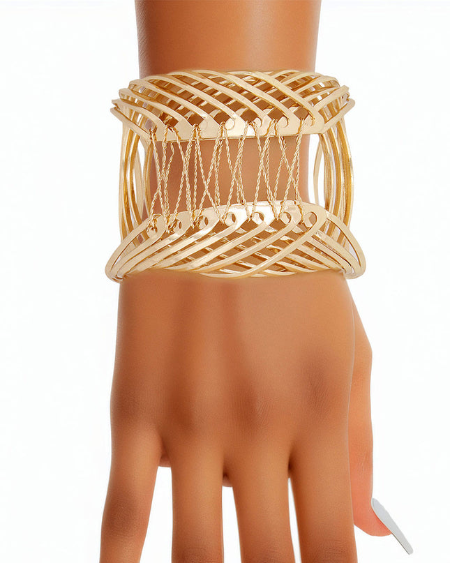 Women's Cuff Bracelet Rigid Gold Metal Rounded Design Cuff Featuring Woven Wire Detailing. Adjustable. Cuff measures 2.45" wide.