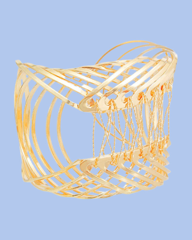 Women's Cuff Bracelet Rigid Gold Metal Rounded Design Cuff Featuring Woven Wire Detailing. Adjustable. Cuff measures 2.45" wide.