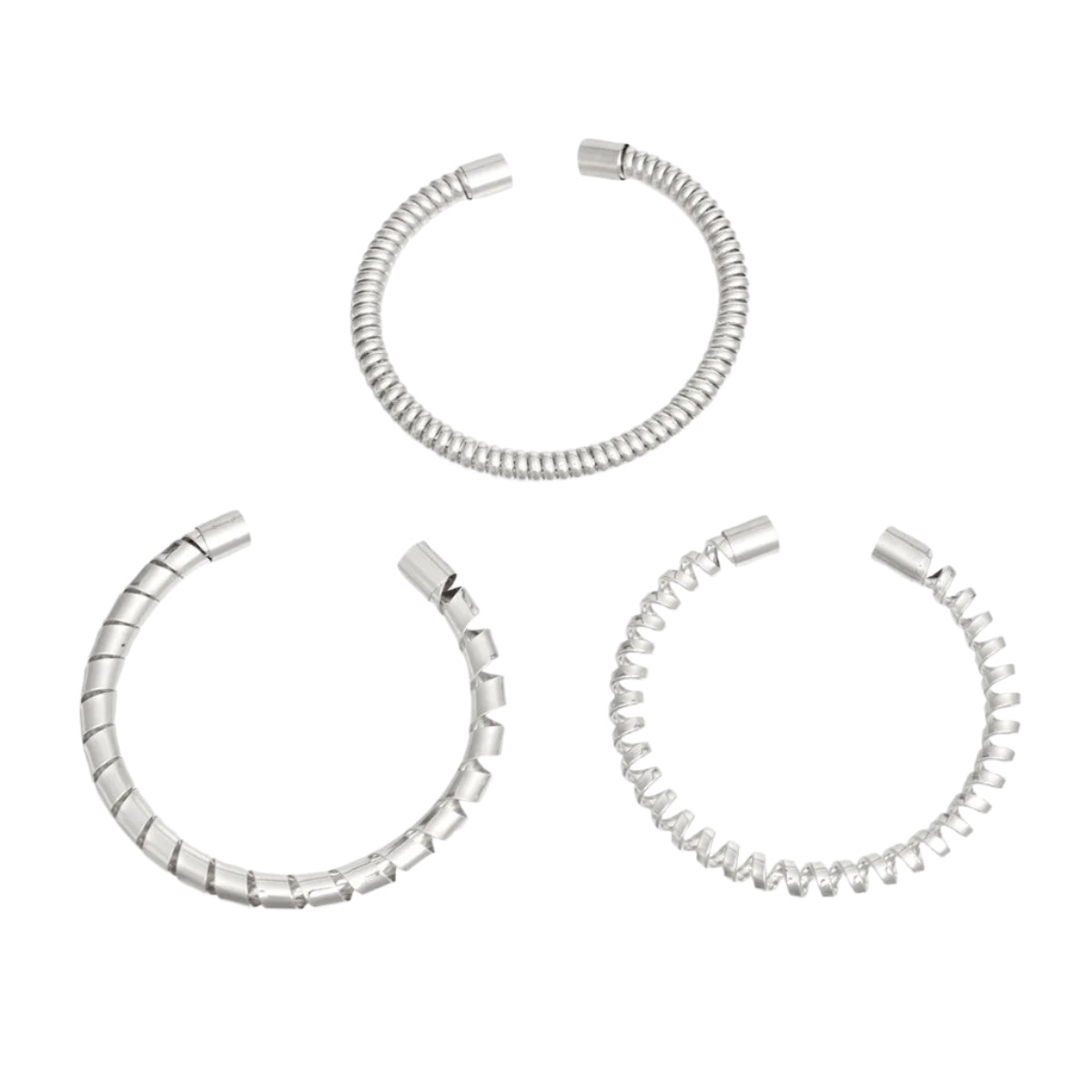 Women's Cuff Bracelet Set 3 Pcs Silver Metal Assorted Coiled Spiral Cuff Bracelets. Adjustable.