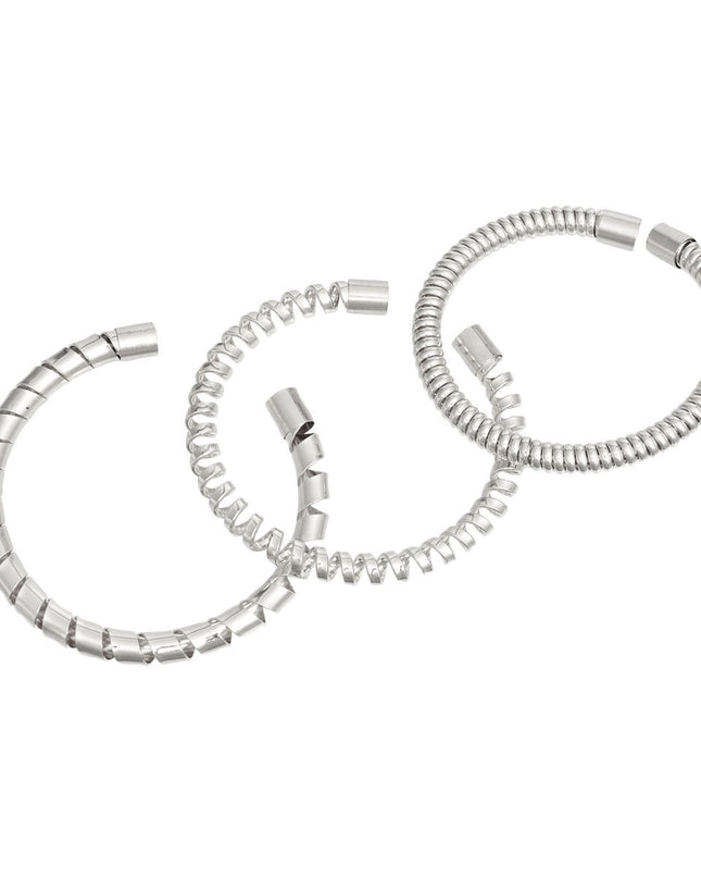 Women's Cuff Bracelet Set 3 Pcs Silver Metal Assorted Coiled Spiral Cuff Bracelets. Adjustable.