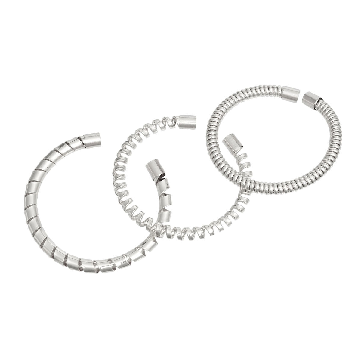 Women's Cuff Bracelet Set 3 Pcs Silver Metal Assorted Coiled Spiral Cuff Bracelets. Adjustable.
