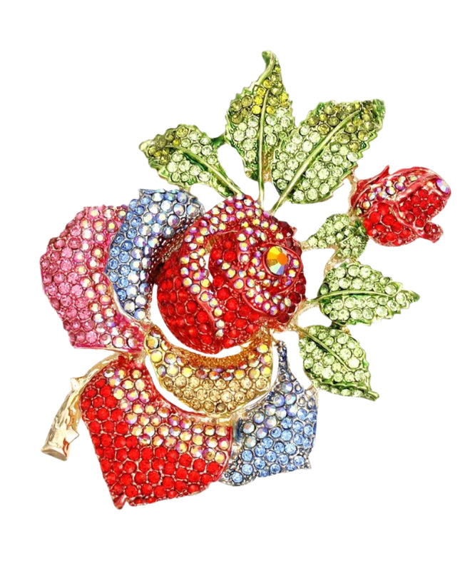 Women's Brooch Pin XLarge Gold Metal Blooming Rose and Leaf Shaped Brooch Featuring Multicolor Rhinestones with Green Leaf Stone Details. Safety Pin C Clasp Closure. Heavy.