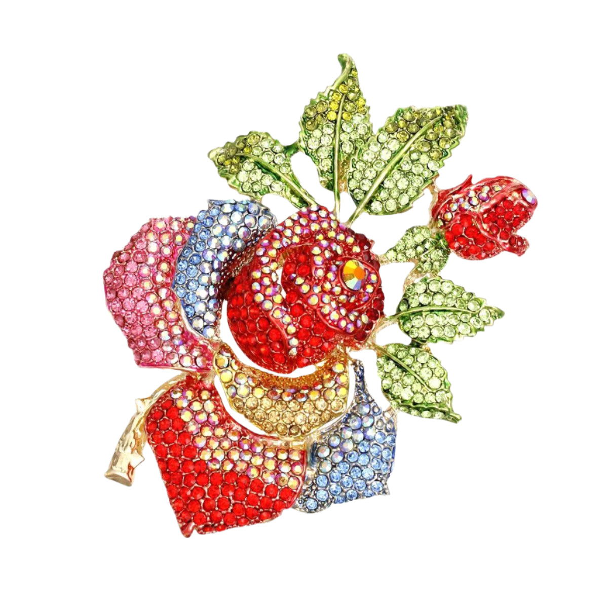 Women's Brooch Pin XLarge Gold Metal Blooming Rose and Leaf Shaped Brooch Featuring Multicolor Rhinestones with Green Leaf Stone Details. Safety Pin C Clasp Closure. Heavy.