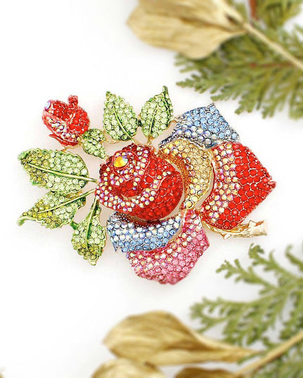 Women's Brooch Pin XLarge Gold Metal Blooming Rose and Leaf Shaped Brooch Featuring Multicolor Rhinestones with Green Leaf Stone Details. Safety Pin C Clasp Closure. Heavy.