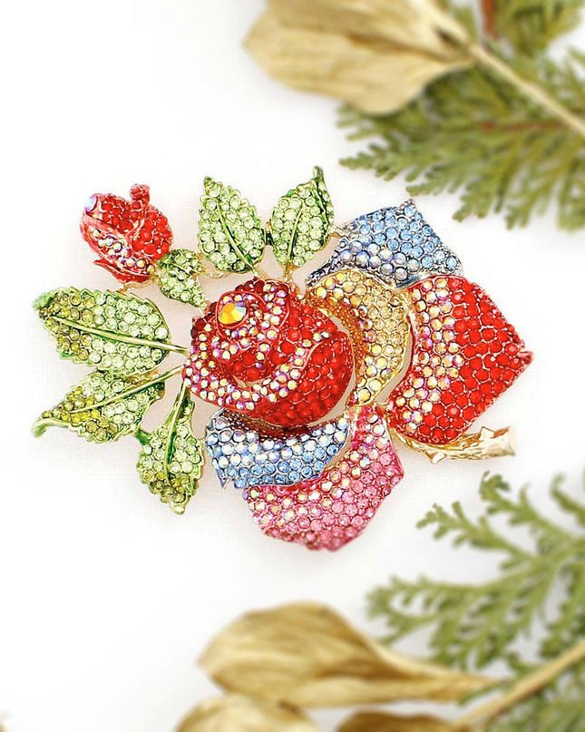 Women's Brooch Pin XLarge Gold Metal Blooming Rose and Leaf Shaped Brooch Featuring Multicolor Rhinestones with Green Leaf Stone Details. Safety Pin C Clasp Closure. Heavy.