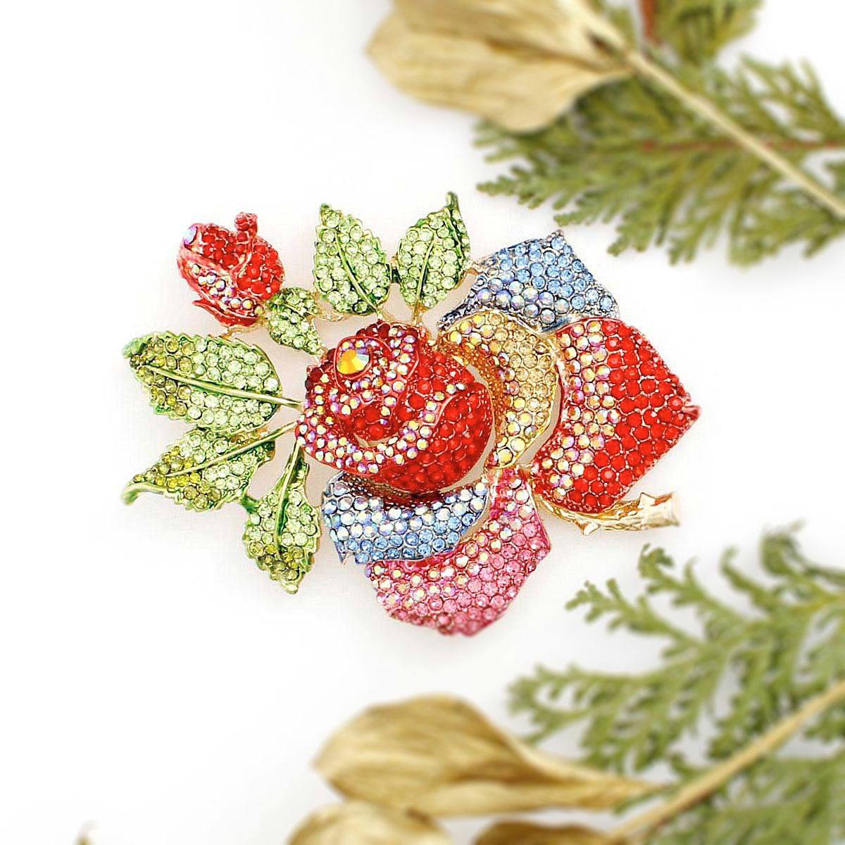 Women's Brooch Pin XLarge Gold Metal Blooming Rose and Leaf Shaped Brooch Featuring Multicolor Rhinestones with Green Leaf Stone Details. Safety Pin C Clasp Closure. Heavy.