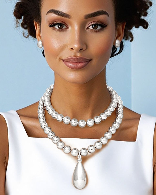 Beaded Silver Teardrop Pendant Double Necklace Set