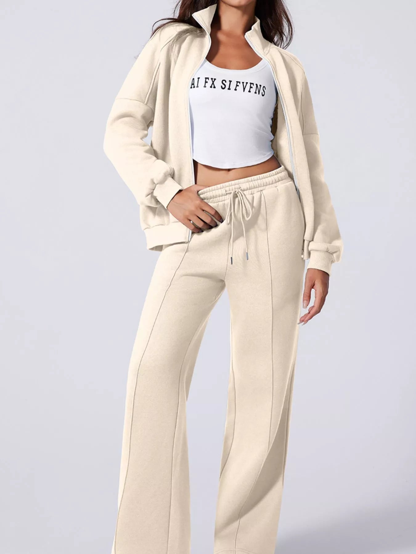 Beige High Collar Sweatshirt and Matching Pants