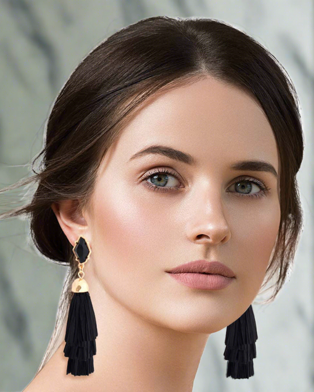 Black Raffia Stacked Tassel Earrings