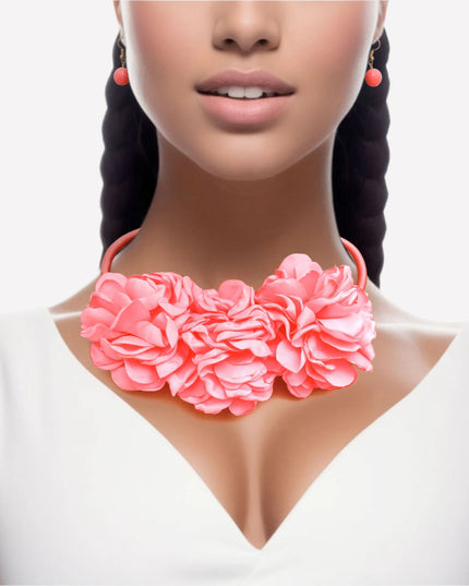 Women's Bib Necklace Dark Pink Fabric Covered Cord Rigid Collar Necklace Set Featuring Triple Pink Fabric Flower Petal Detailing. Flower Detail measures 3" x 6.5". Lobster Clasp Closure. Includes Matching Fishhook Earrings.