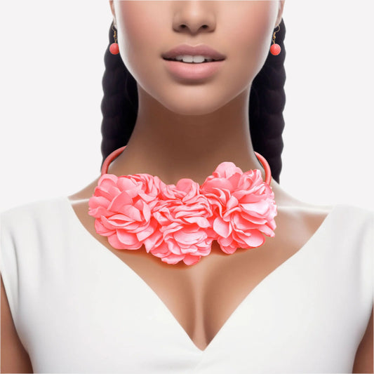Women's Bib Necklace Dark Pink Fabric Covered Cord Rigid Collar Necklace Set Featuring Triple Pink Fabric Flower Petal Detailing. Flower Detail measures 3" x 6.5". Lobster Clasp Closure. Includes Matching Fishhook Earrings.