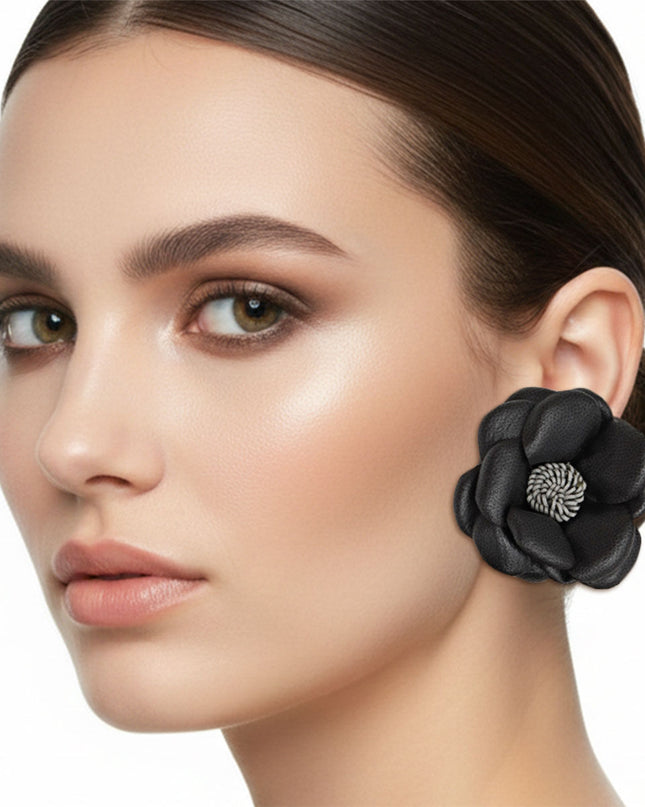 Women's Stud Earrings. Natural Meets Modern Black Faux Leather Layered Petal Flower Shaped Stud Earrings Featuring Dimensional Design. 